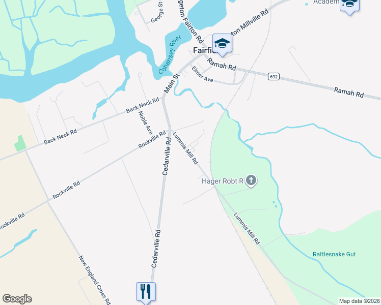 map of restaurants, bars, coffee shops, grocery stores, and more near 25 Lummis Mill Road in Bridgeton