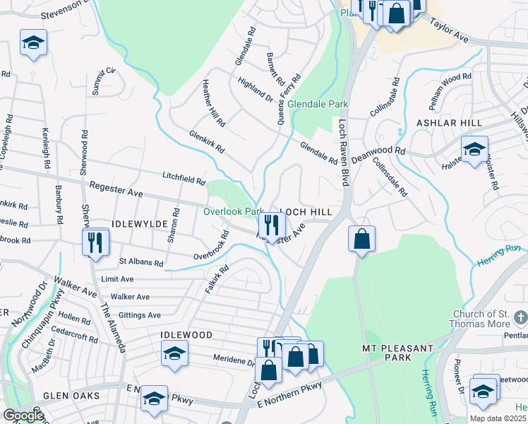 map of restaurants, bars, coffee shops, grocery stores, and more near 6681 Loch Hill Road in Baltimore
