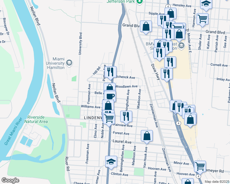 map of restaurants, bars, coffee shops, grocery stores, and more near 2144 Pleasant Avenue in Hamilton
