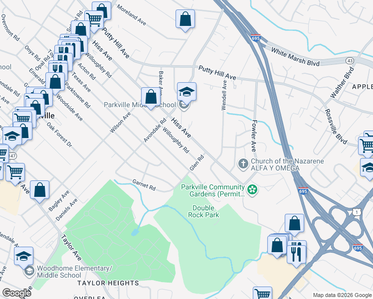 map of restaurants, bars, coffee shops, grocery stores, and more near 3332 Willoughby Rd in Parkville