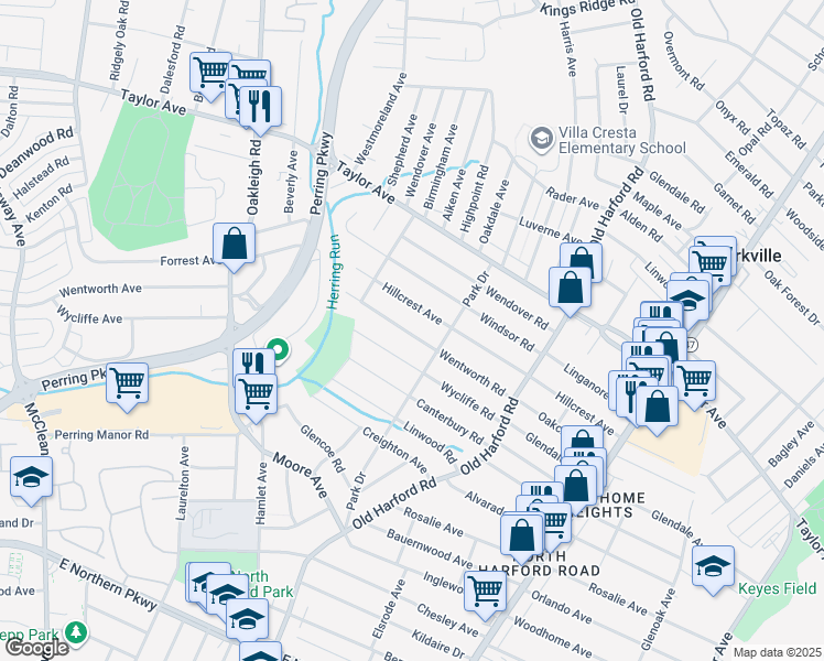 map of restaurants, bars, coffee shops, grocery stores, and more near 2526 Wentworth Road in Parkville