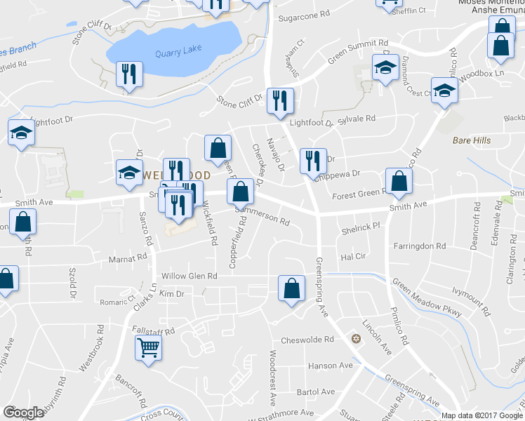 map of restaurants, bars, coffee shops, grocery stores, and more near 2600 Summerson Road in Baltimore