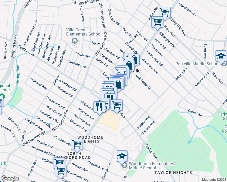 map of restaurants, bars, coffee shops, grocery stores, and more near 7908 Harford Road in Parkville
