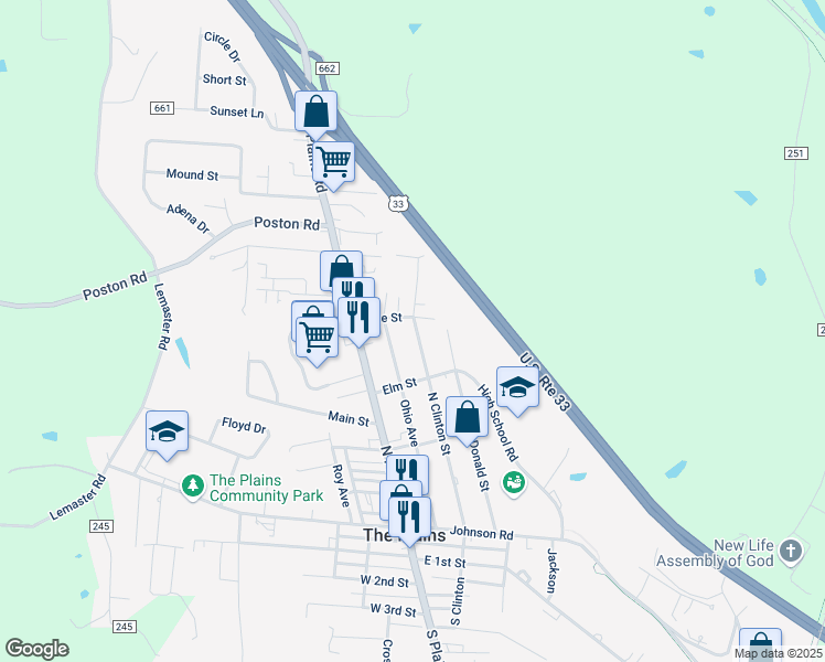 map of restaurants, bars, coffee shops, grocery stores, and more near 83 Ohio Avenue in The Plains