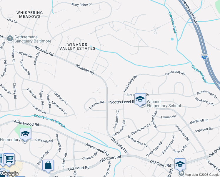 map of restaurants, bars, coffee shops, grocery stores, and more near 8560 Winands Road in Pikesville