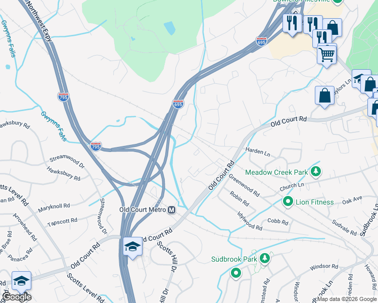 map of restaurants, bars, coffee shops, grocery stores, and more near 4 Deauville Court in Pikesville
