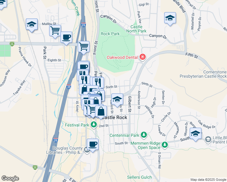 map of restaurants, bars, coffee shops, grocery stores, and more near 512 Cantril Street in Castle Rock