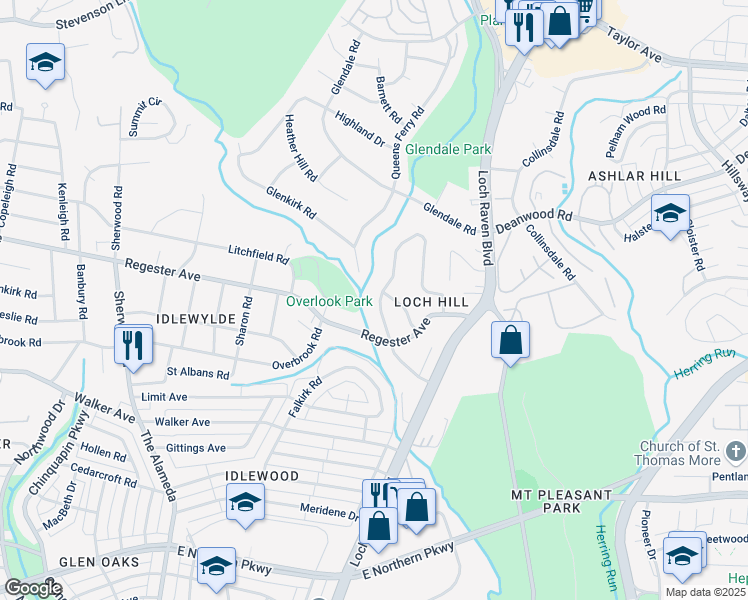 map of restaurants, bars, coffee shops, grocery stores, and more near 6681 Loch Hill Road in Baltimore