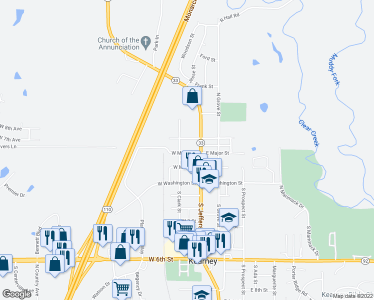 map of restaurants, bars, coffee shops, grocery stores, and more near 104 West Major Street in Kearney