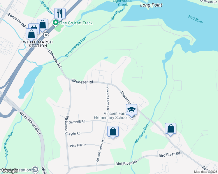 map of restaurants, bars, coffee shops, grocery stores, and more near 10607 Vincent Farm Lane in White Marsh