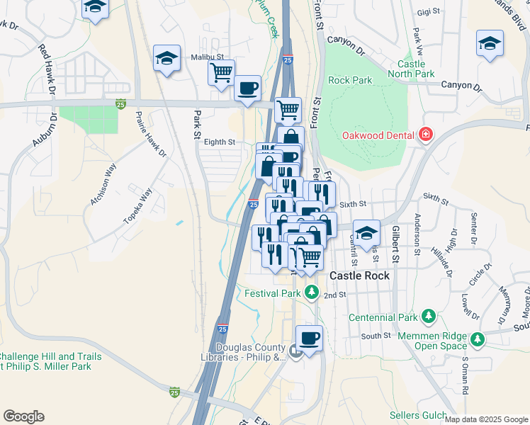 map of restaurants, bars, coffee shops, grocery stores, and more near 531 Jerry Street in Castle Rock