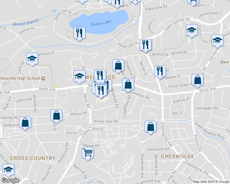 map of restaurants, bars, coffee shops, grocery stores, and more near 6613 Wickfield Road in Baltimore