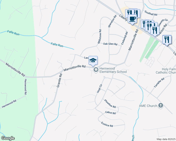 map of restaurants, bars, coffee shops, grocery stores, and more near 9919 Marriottsville Road in Woodstock