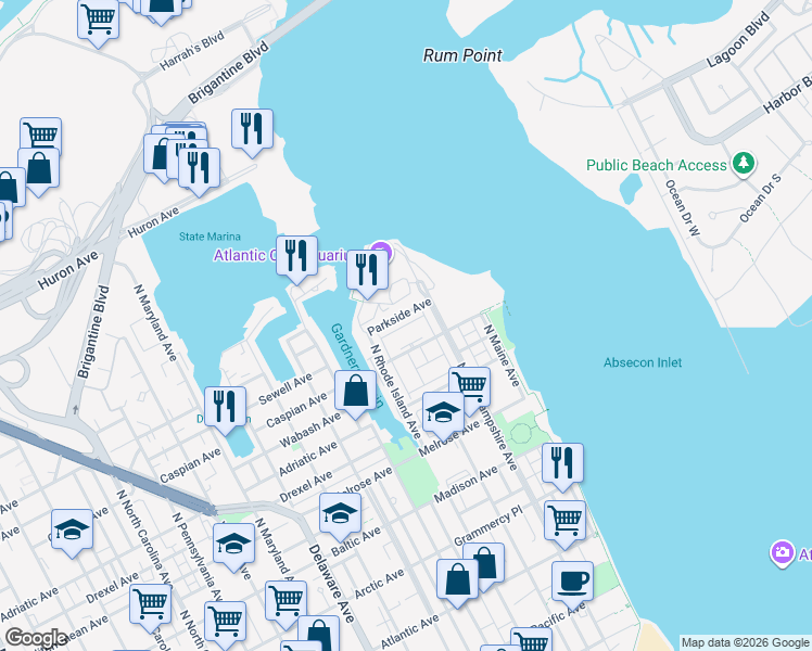 map of restaurants, bars, coffee shops, grocery stores, and more near 32 Lighthouse Court in Atlantic City