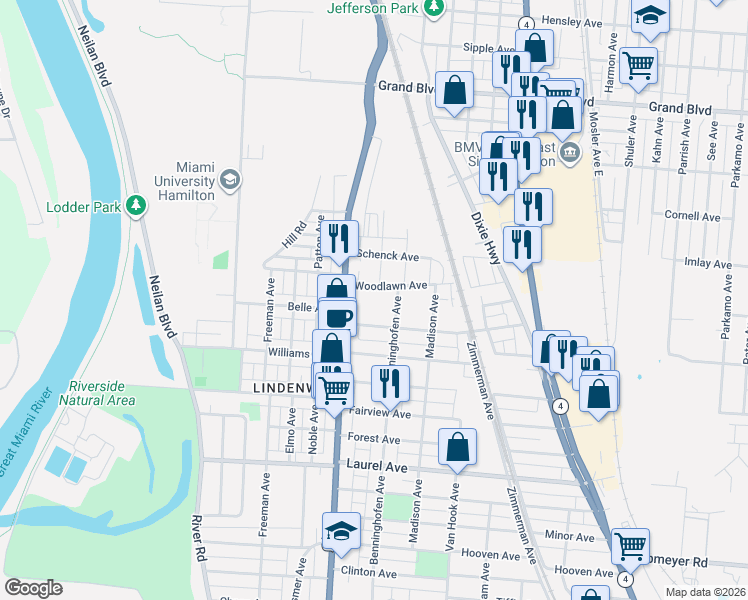 map of restaurants, bars, coffee shops, grocery stores, and more near 2144 Pleasant Avenue in Hamilton