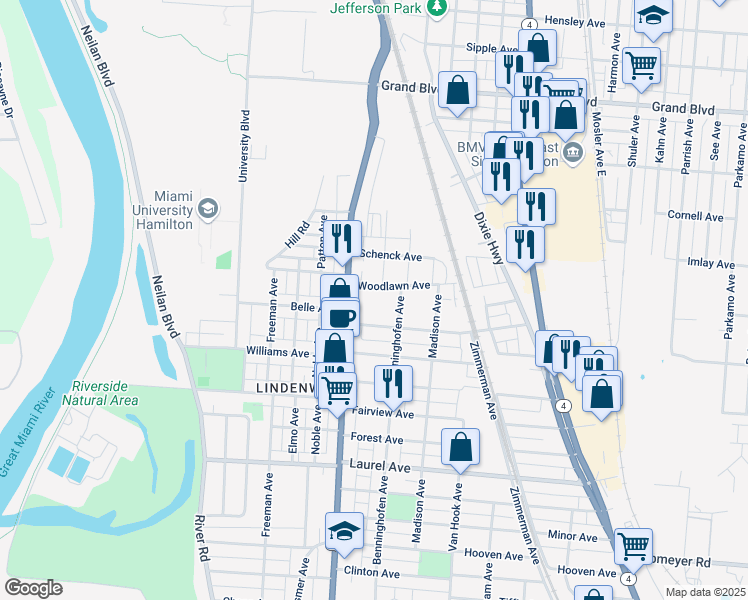 map of restaurants, bars, coffee shops, grocery stores, and more near 2144 Pleasant Avenue in Hamilton