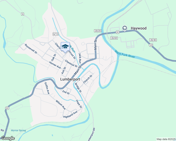 map of restaurants, bars, coffee shops, grocery stores, and more near 169 Church Street in Lumberport