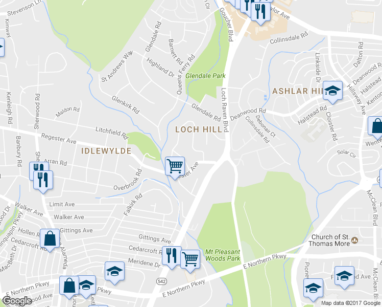 map of restaurants, bars, coffee shops, grocery stores, and more near 6612 Loch Hill Road in Baltimore