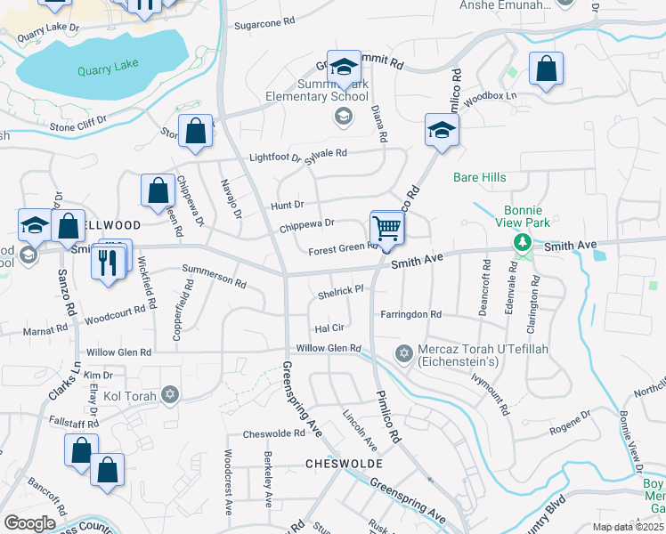 map of restaurants, bars, coffee shops, grocery stores, and more near 2424 Smith Avenue in Baltimore