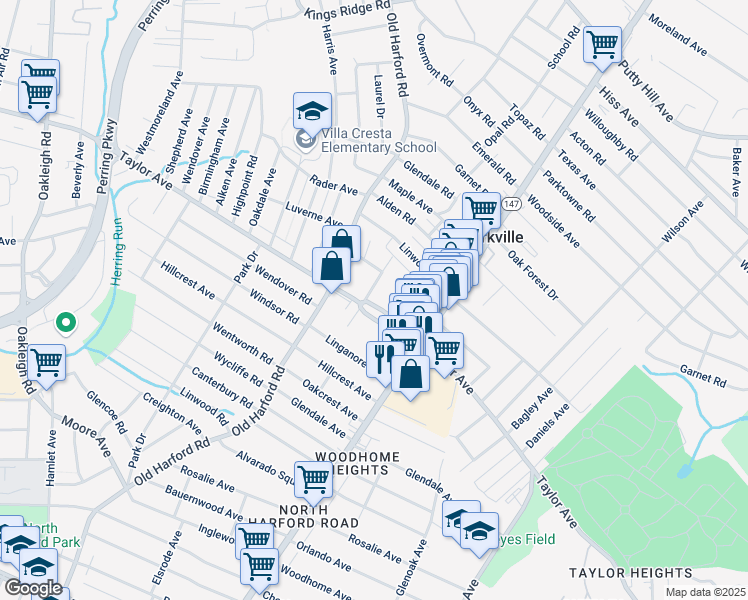 map of restaurants, bars, coffee shops, grocery stores, and more near 2802 Taylor Avenue in Parkville