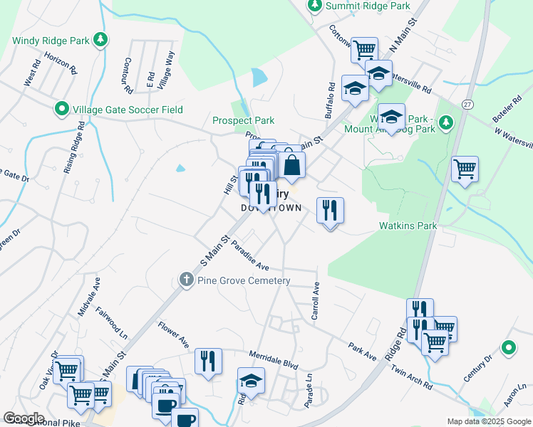 map of restaurants, bars, coffee shops, grocery stores, and more near 14 Park Avenue in Mount Airy