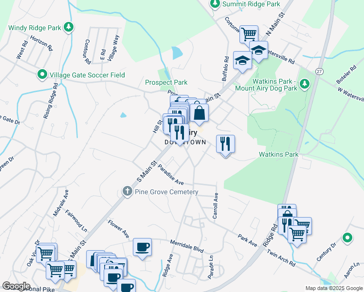 map of restaurants, bars, coffee shops, grocery stores, and more near 14 Park Avenue in Mount Airy