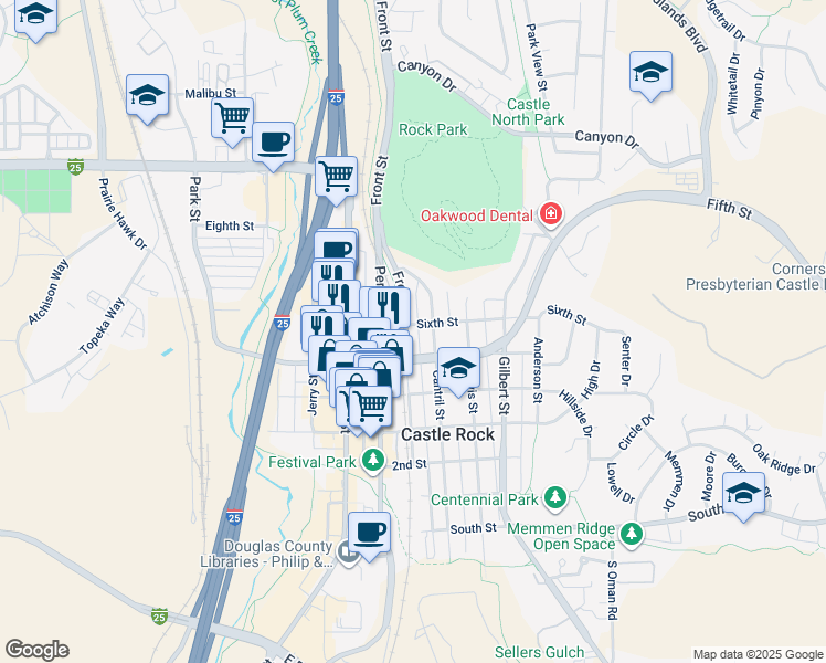 map of restaurants, bars, coffee shops, grocery stores, and more near 516 Front Street in Castle Rock