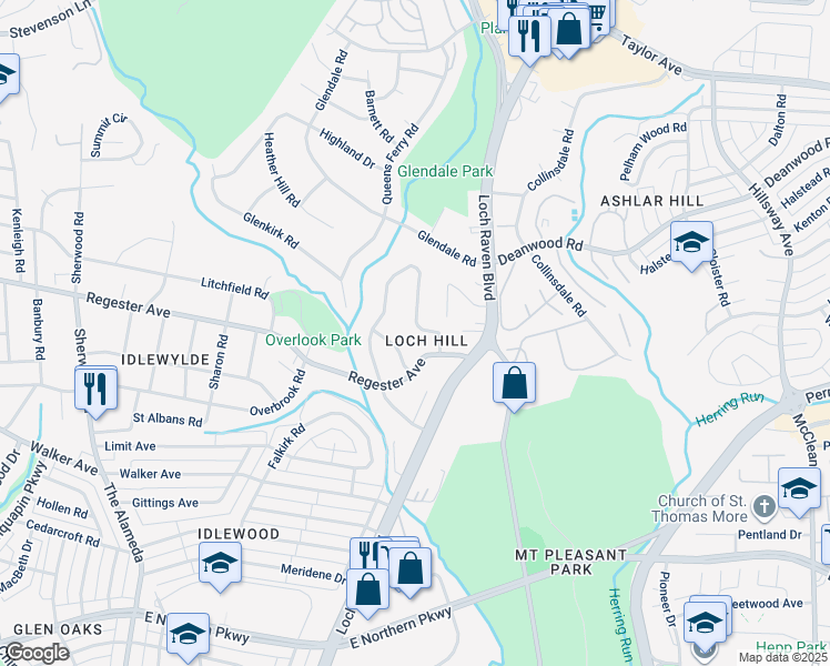 map of restaurants, bars, coffee shops, grocery stores, and more near 6612 Loch Hill Road in Baltimore