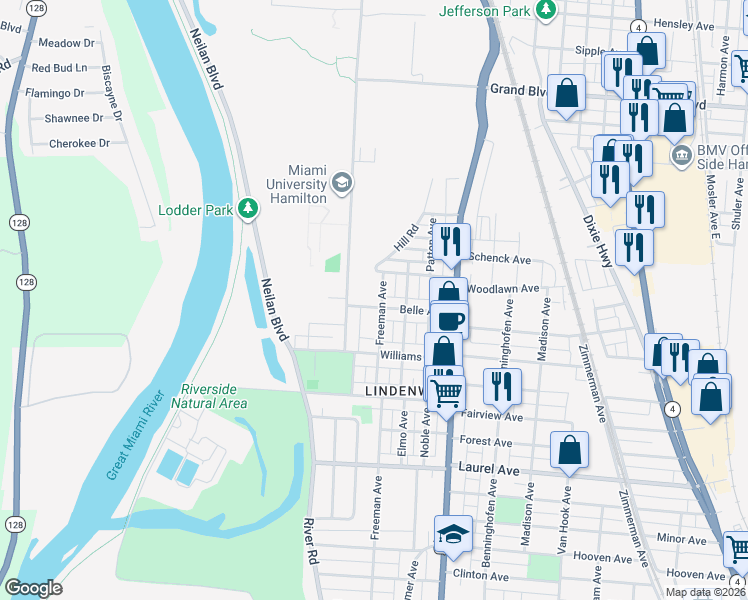 map of restaurants, bars, coffee shops, grocery stores, and more near 215 Belle Avenue in Hamilton