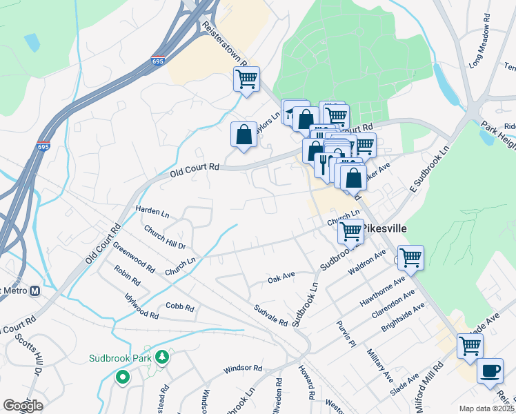 map of restaurants, bars, coffee shops, grocery stores, and more near 1492 Greenbriar Circle in Baltimore