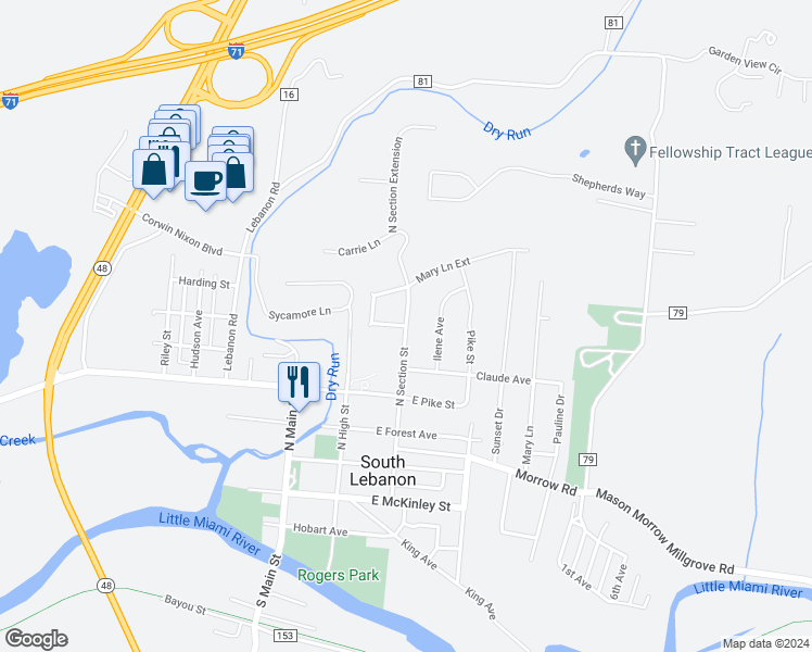 map of restaurants, bars, coffee shops, grocery stores, and more near 366 North Section Street in South Lebanon
