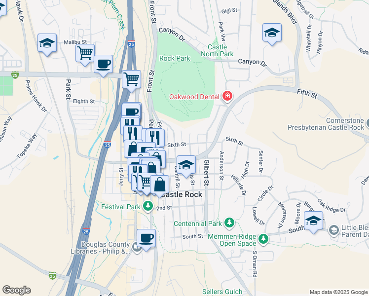 map of restaurants, bars, coffee shops, grocery stores, and more near 512 Cantril Street in Castle Rock
