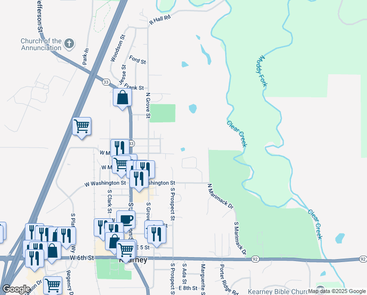 map of restaurants, bars, coffee shops, grocery stores, and more near 303 North Grove Terrace in Kearney