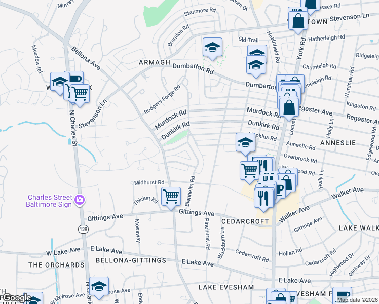 map of restaurants, bars, coffee shops, grocery stores, and more near 6432 Blenheim Road in Baltimore