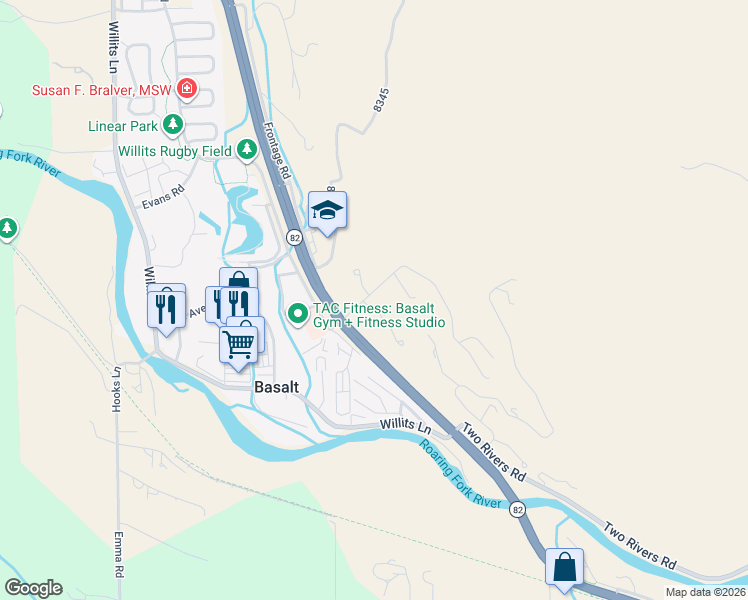 map of restaurants, bars, coffee shops, grocery stores, and more near 24 Pine Ridge Road in Basalt