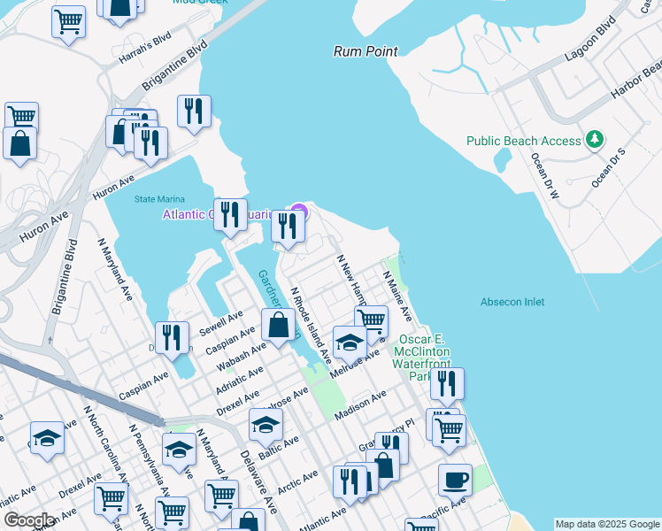 map of restaurants, bars, coffee shops, grocery stores, and more near 1 Lighthouse Court in Atlantic City