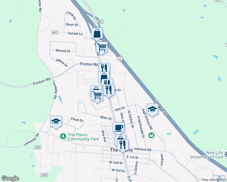 map of restaurants, bars, coffee shops, grocery stores, and more near 77 North Plains Road in The Plains