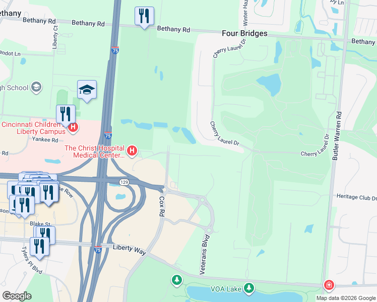 map of restaurants, bars, coffee shops, grocery stores, and more near Cox Road in Butler County