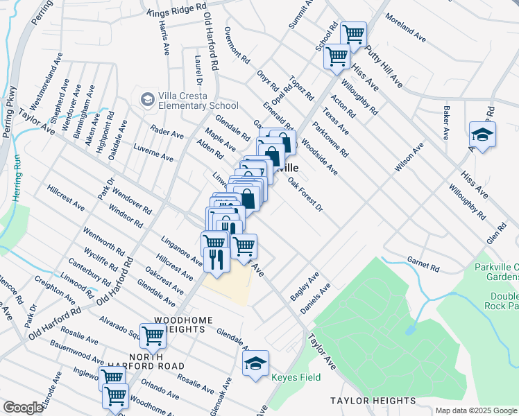 map of restaurants, bars, coffee shops, grocery stores, and more near 8005 Harford Road in Parkville