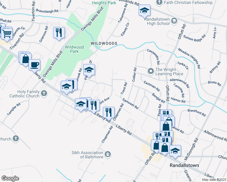 map of restaurants, bars, coffee shops, grocery stores, and more near 3701 Burmont Avenue in Randallstown