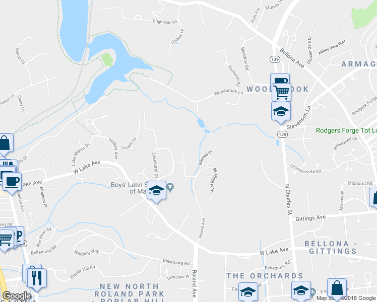 map of restaurants, bars, coffee shops, grocery stores, and more near 1 Overlook Lane in Baltimore