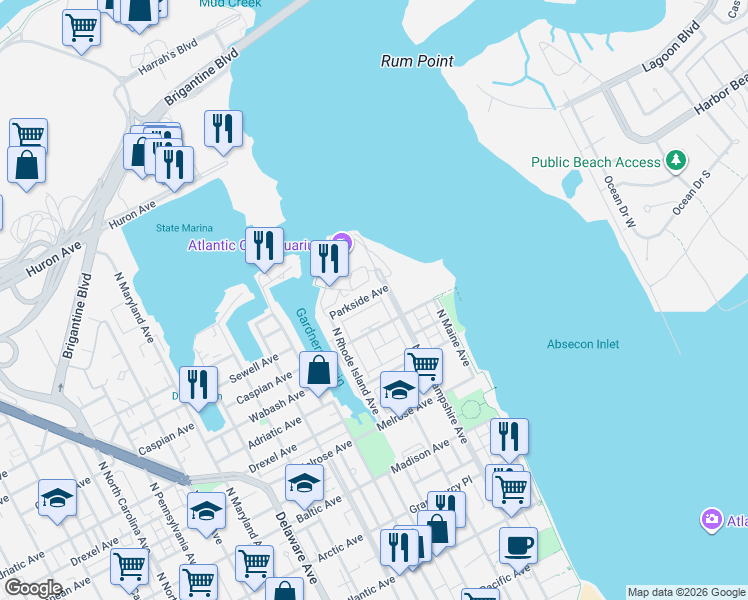 map of restaurants, bars, coffee shops, grocery stores, and more near 8 Lighthouse Court in Atlantic City