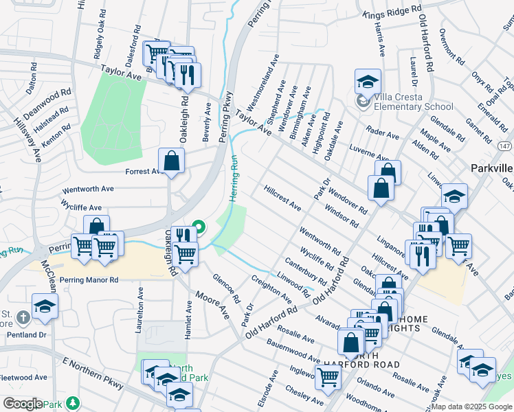 map of restaurants, bars, coffee shops, grocery stores, and more near 2501 1/2 Wentworth Road in Parkville