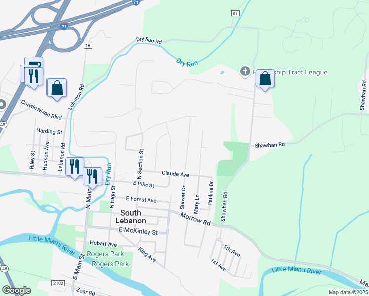 map of restaurants, bars, coffee shops, grocery stores, and more near 453 Sunset Drive in South Lebanon