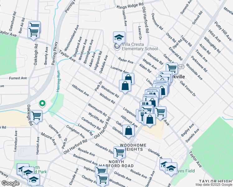 map of restaurants, bars, coffee shops, grocery stores, and more near 2626 Wendover Road in Parkville