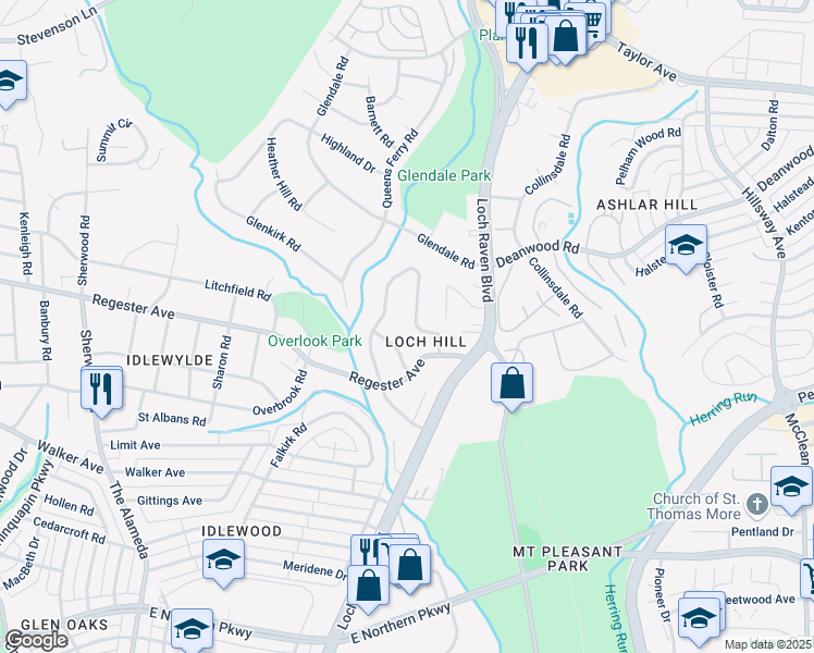 map of restaurants, bars, coffee shops, grocery stores, and more near 6616 Loch Hill Road in Baltimore