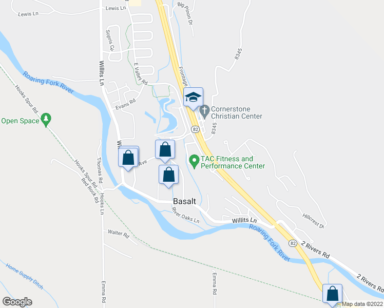 map of restaurants, bars, coffee shops, grocery stores, and more near 1400 East Valley Road in Basalt