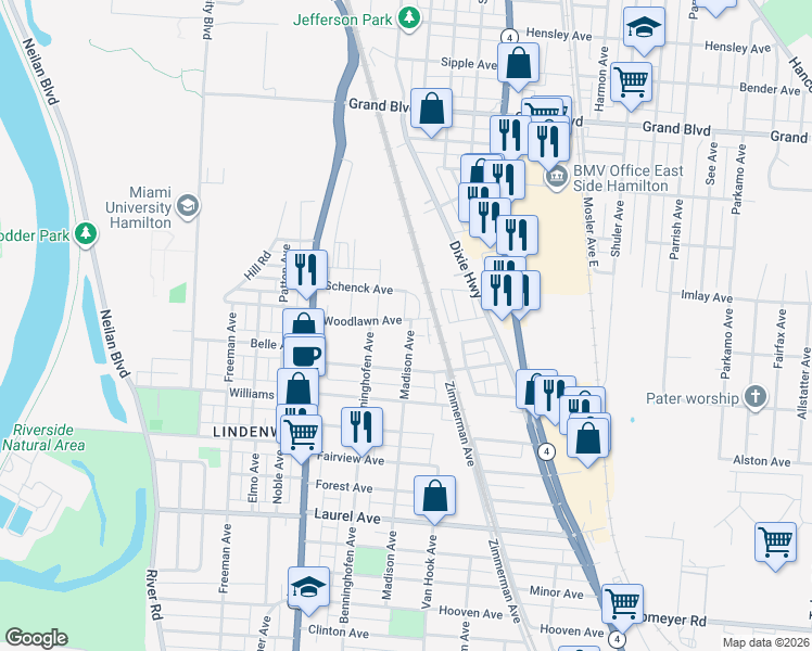 map of restaurants, bars, coffee shops, grocery stores, and more near 2141 Madison Avenue in Hamilton