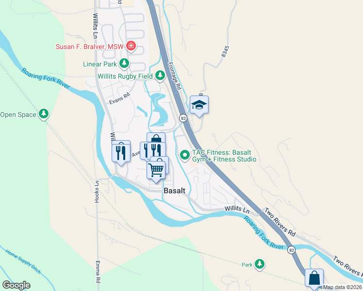 map of restaurants, bars, coffee shops, grocery stores, and more near 1400 East Valley Road in Basalt