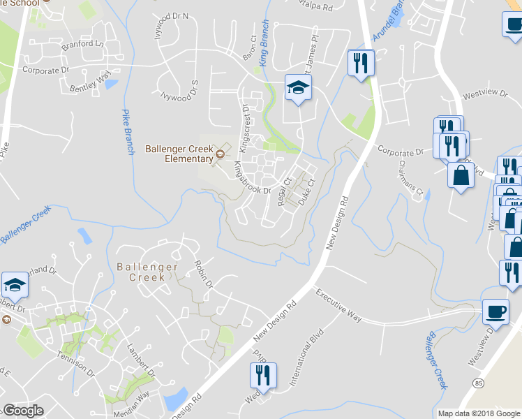 map of restaurants, bars, coffee shops, grocery stores, and more near 5220 Earles Court in Frederick